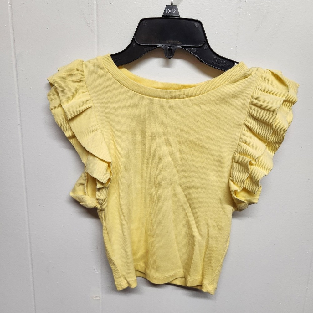 Zara Shirt Womens Small Yellow Ruffle Flutter Sleeve Ribbed Knit Top Casual